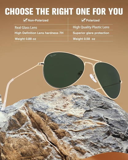 Classic Aviator Sunglasses for Men Women 100% Real Glass Lens