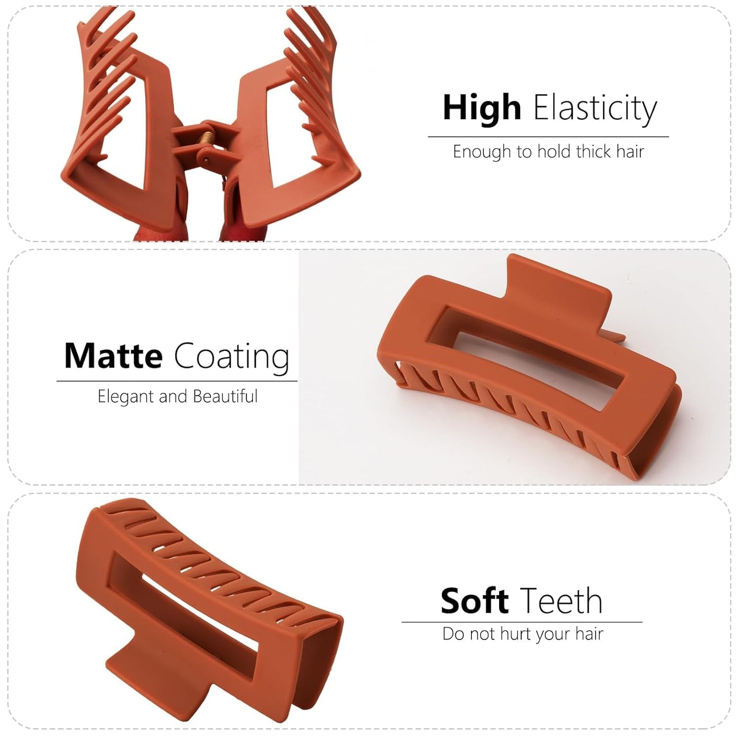 6 Pack 4.1 Inche Large Rectangle Hair Claw Clips Matte Flower Hair Clips, for Women Thin Thick Curly Hair, Cute Orange，Wine Red，Brown Hair Clips