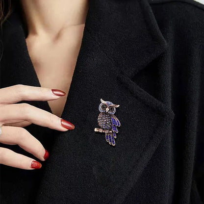 Luxury Diamond Blue Owl Brooch Pin Women's Fashion Clothing Pin Accessories Retro Owl Brooch