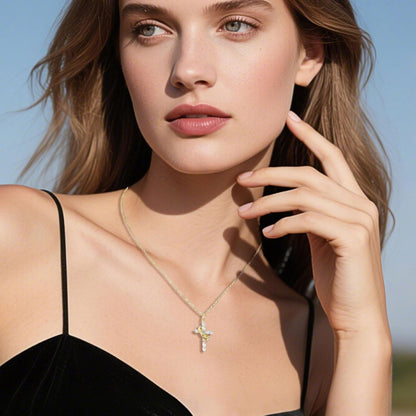 Cross Necklace for Women | Gold Plated Stainless Steel Crown Pendant Necklace with Cubic Zirconia | Trendy Simple Gift