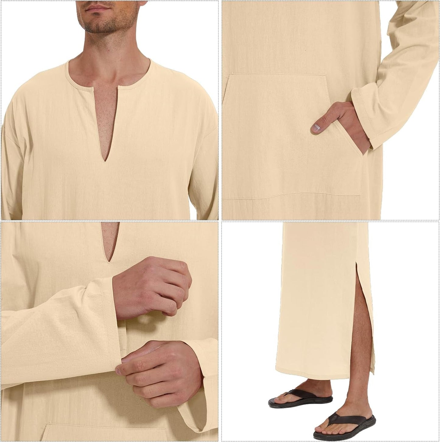 Men'S Kaftan Thobe Long Sleeve Men Thobe Robe Side Split Men Thobe with Pockets Casual Thobe