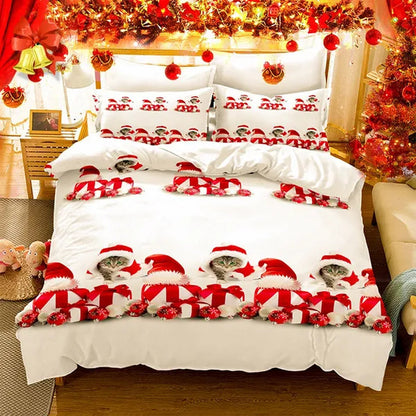 3Pcs/Set Christmas Duvet Cover Pillowcase Set,Christmas Holiday Decorative Comforter Cover Set Red with Christmas Reindeer and Snowflake Patterns Pillowcase (Quilt, pillow heart not included)