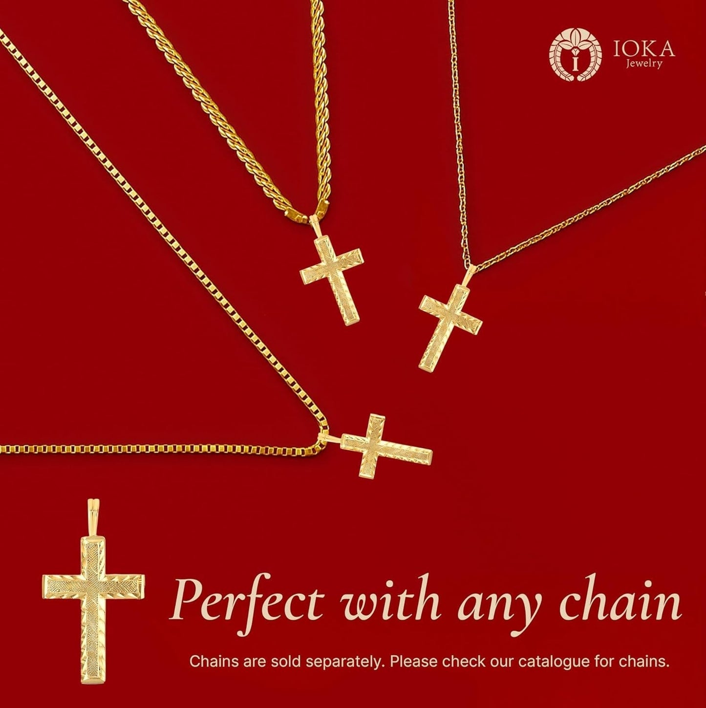 14K Yellow Solid Gold Cross Pendant for Men or Women in Two Sizes – 14 Karat Small Jesus Charm for Necklace or Chain – Thin Crucifix Jewelry Gift for Baptism, Confirmation, Christian, Religious or Everyday Wear