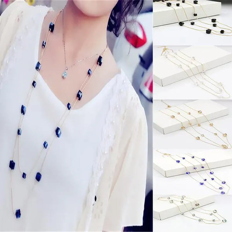 Women'S Square Long Chain Sweater Necklace Fashion Double Long Tassel Necklace - WORLD TIME VISITS