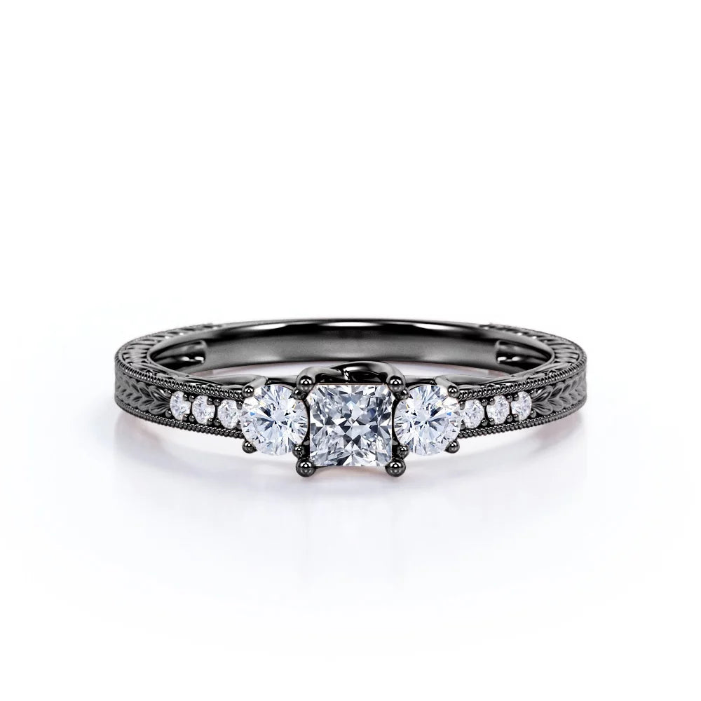 Vintage Half Carat Princess Cut Diamond - Channel Set Band - Edwardian Gothic Engagement Ring in 10K Black Gold