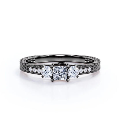 Vintage Half Carat Princess Cut Diamond - Channel Set Band - Edwardian Gothic Engagement Ring in 10K Black Gold
