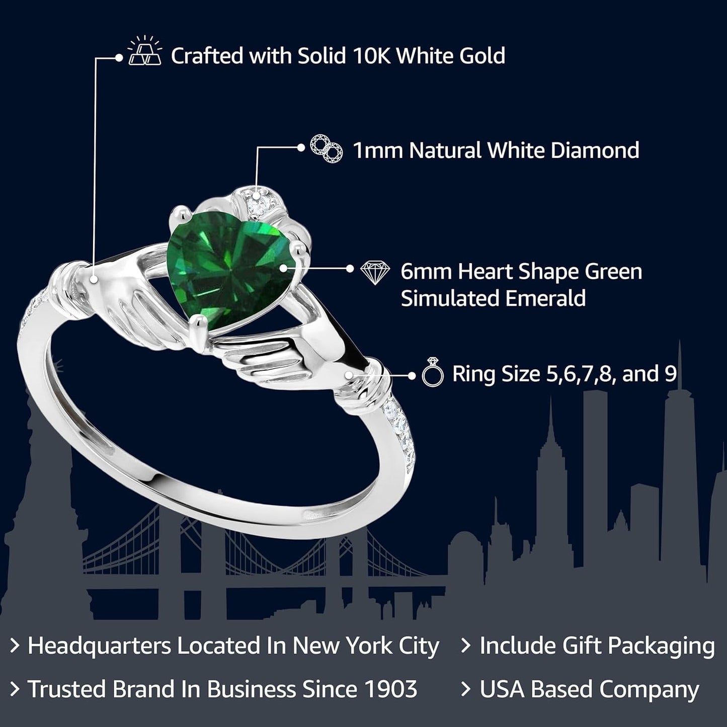 10K White Gold 6MM Heart Shape Gemstone Birthstone and White Diamond Irish Celtic Claddagh Engagement Ring | Gold Ring for Women | Available in Size 5, 6, 7, 8, 9