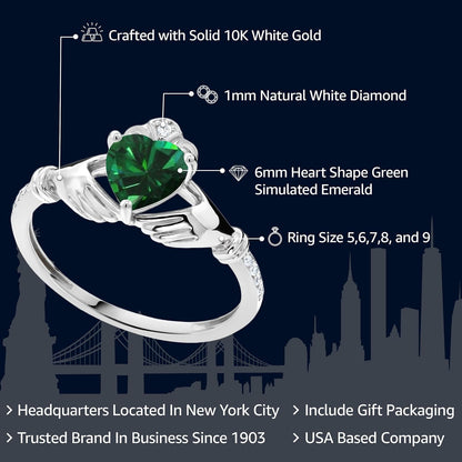 10K White Gold 6MM Heart Shape Gemstone Birthstone and White Diamond Irish Celtic Claddagh Engagement Ring | Gold Ring for Women | Available in Size 5, 6, 7, 8, 9