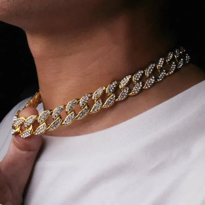 13MM  24K Gold/925 Silver Iced Out BlingBling Diamond Cuban Link Chain Miami Choker Necklace Bracelet Jewelry Set for Fashion Men and Women Hip Hop Jewelry