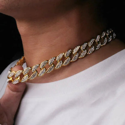 13MM  24K Gold/925 Silver Iced Out BlingBling Diamond Cuban Link Chain Miami Choker Necklace Bracelet Jewelry Set for Fashion Men and Women Hip Hop Jewelry