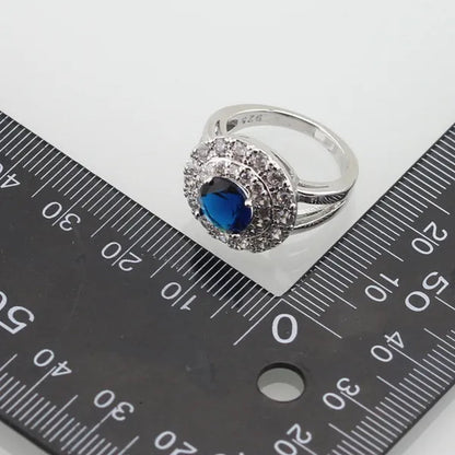 Blue White Topaz Silver Color Jewelry Sets for Women Engagement Necklace Pendant Bracelets Earrings Rings Gift Box