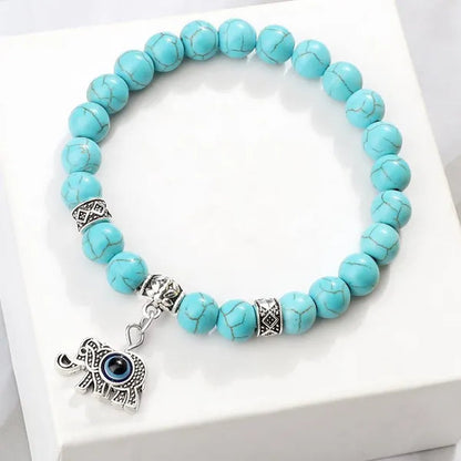 Turkey Evil Eye Beaded Bracelets Butterfly Buddhist Palm Hand Owl Turtle Alloy Pendant Bracelet Women Men Lucky Stretch Bangles Jewelry