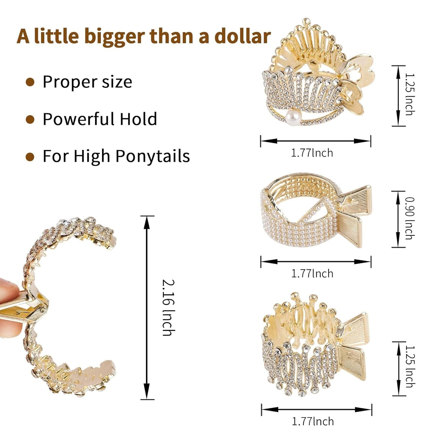 1.77Inch Small Hair Claw Clips for High Ponytail, Rhinestone Shark Hair Clips for Women Thick Long Hair Gold(Pack of 3)
