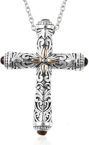 Stainless Steel Celtic Cross Necklace for Women Men Yellow Gold ION Plated Tigers Eye Stone Christian Jewelry Religious Prayer Gifts for Women Chain Size 20" Birthday Gifts