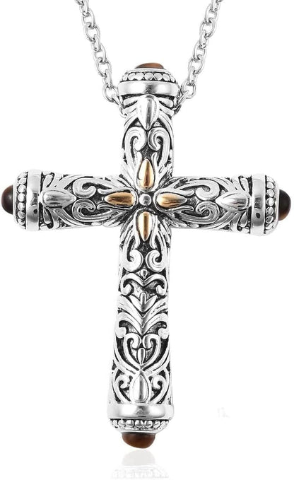 Stainless Steel Celtic Cross Necklace for Women Men Yellow Gold ION Plated Tigers Eye Stone Christian Jewelry Religious Prayer Gifts for Women Chain Size 20" Birthday Gifts