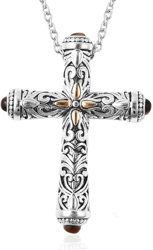 Stainless Steel Celtic Cross Necklace for Women Men Yellow Gold ION Plated Tigers Eye Stone Christian Jewelry Religious Prayer Gifts for Women Chain Size 20" Birthday Gifts