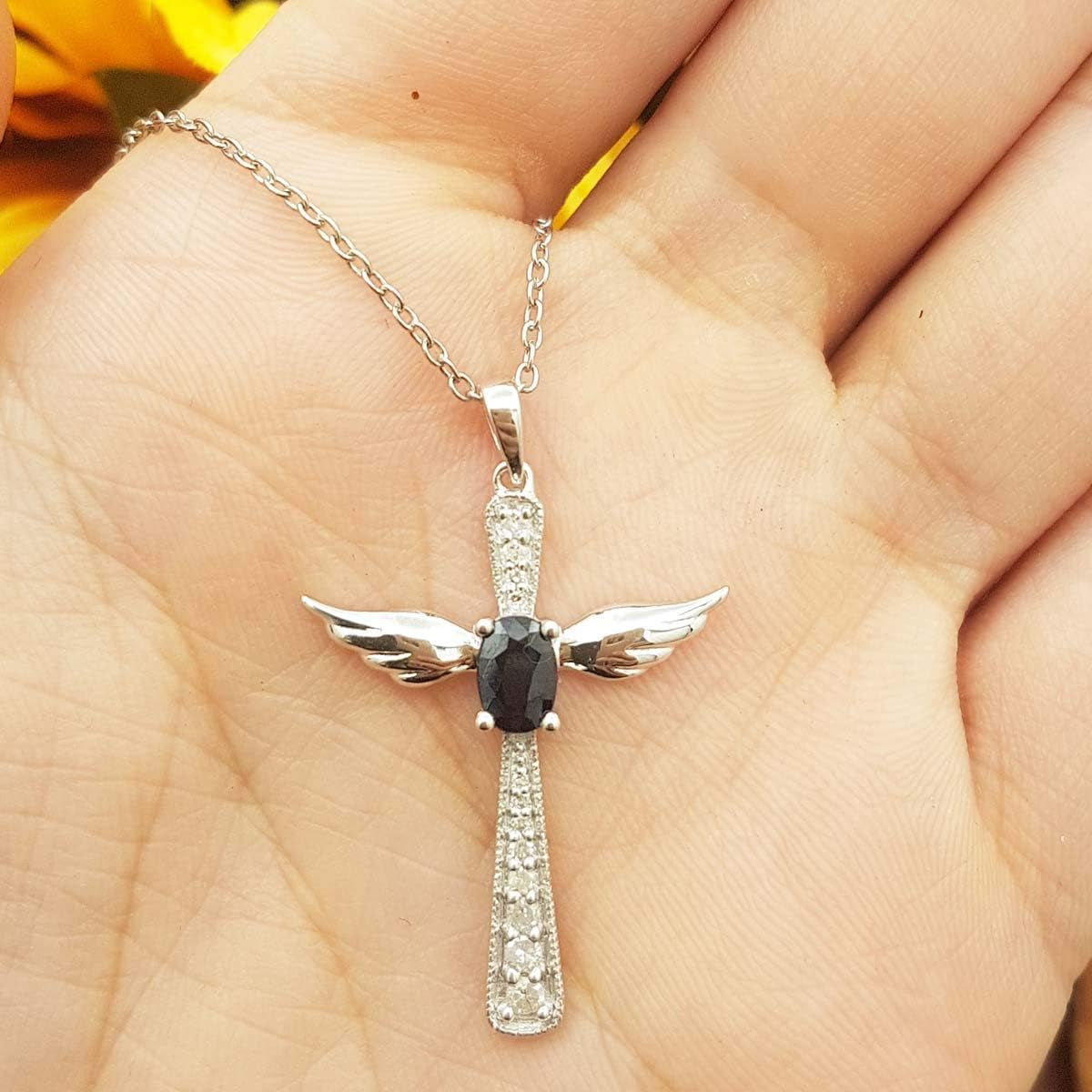 6X4 MM Oval Gemstone & round Diamond Angel Cross Pendant (Silver Chain Included), Sterling Silver