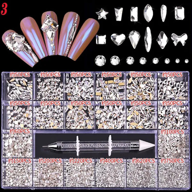 3000Pcs/Box Mixed AB Glass Crystal Diamond In Grids 21 Shape and  Flatback Nail Art Rhinestone Set with 1 Pick Up Pen