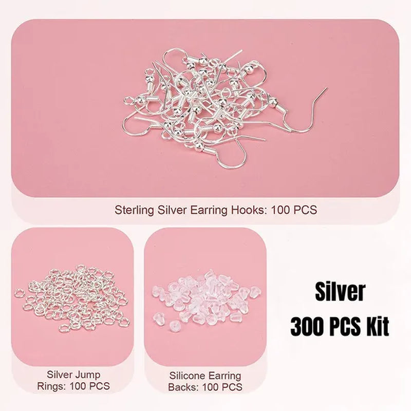 925 Sterling Silver Earring Hooks, 300PCS Earring Hooks Kit - 100PCS Hypoallergenic Earring Hooks for Jewelry Making with 100PCS Open Jump Rings and 100PCS Rubber Earring Backs - WORLD TIME VISITS