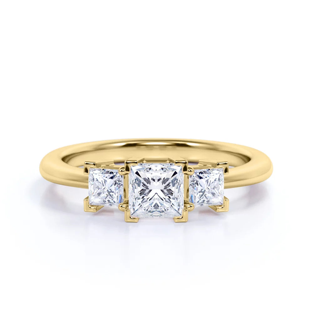 Modern 0.50 Carat Princess Cut Diamond - 3 Stone Engagement Ring - past Present Future Ring - 10K Yellow Gold