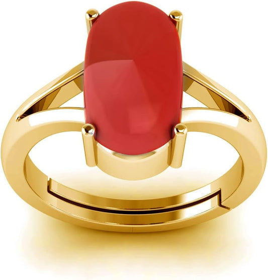 Natural Red Coral Moonga Certified Jewelry Gifts Ring 8.20 Carat Astrological Birthstone 22K Gold Plated Adjustable Ring for Men or Women