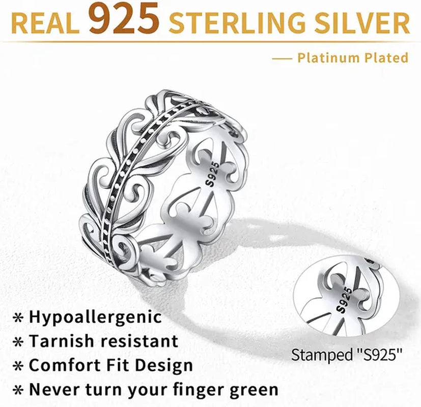 ChicSilver 925 Sterling Silver Filigree Vine Leaf Ring 8mm Retro Celtic Knot Eternity Ring Wedding Band for Women