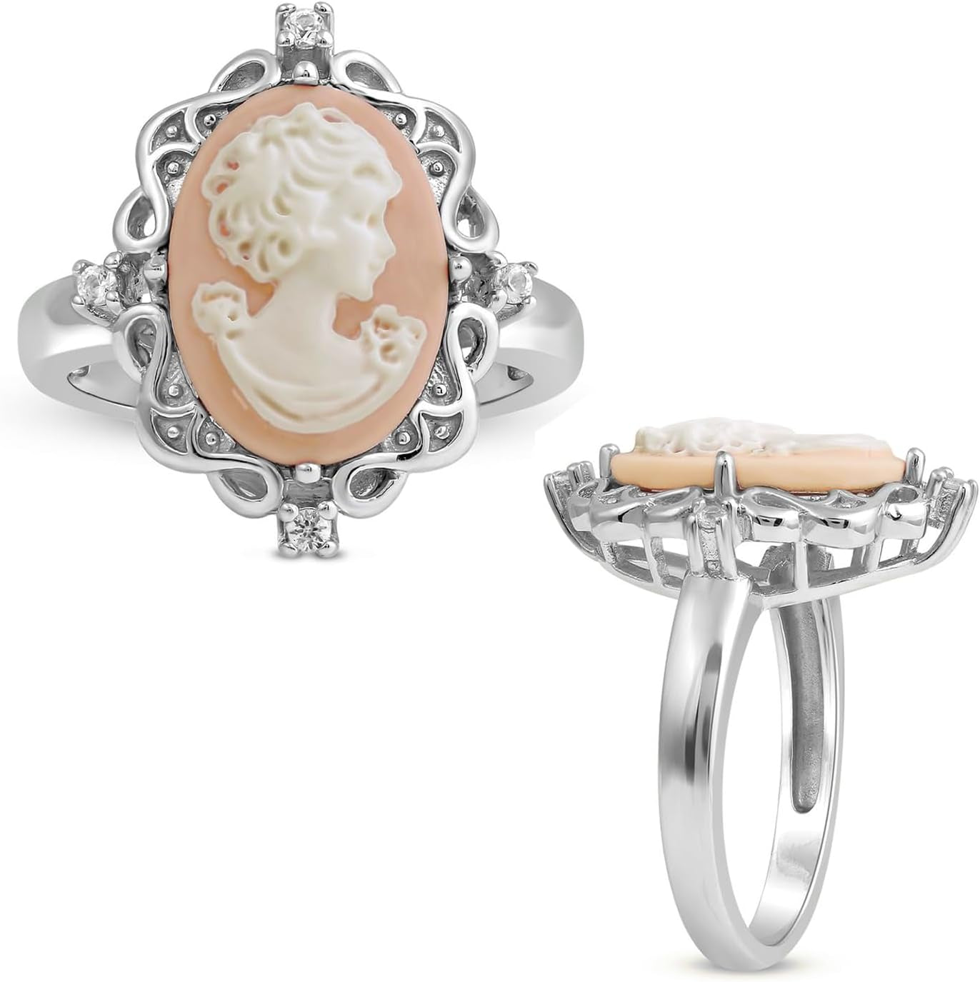 Pink or Blue Agate Cameo Ring in Sterling Silver with round Created White Sapphire - WORLD TIME VISITS