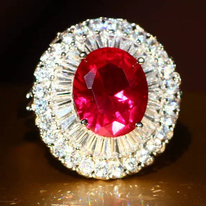 Luxurious Silver Natural Gemstones Ruby and White Sapphire Wedding Birthstone Bride Engagement Multilevel Square Ring Jewelry Size 6 7 8 9 10