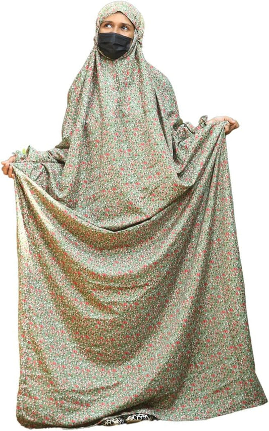 Islamic Prayer Dress for Women- Free Size, Muslim Dress with Hijab, Jilbab/Niskarakuppayam/Namaz Khimar/Prayer Clothes Niqab Khimar, Islamic Premium Prayer Clothes, Light Sage Green Floral Color