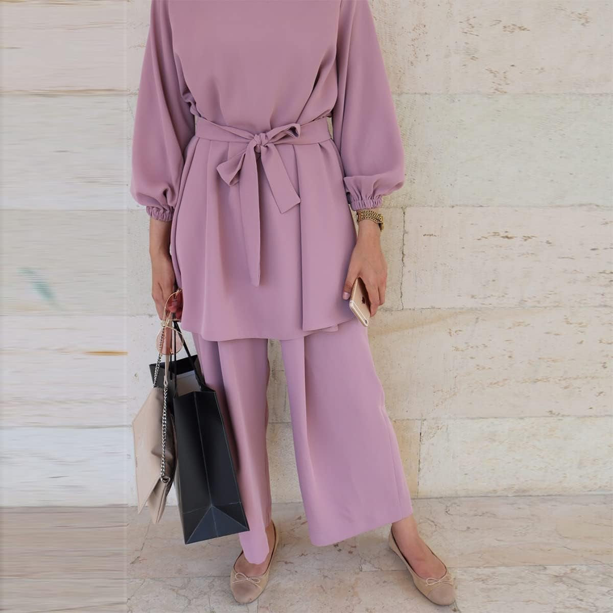 Abayas for Women Muslim Long Sleeve Loose Top Pants 2 Pcs Dubai Islamic Muslim Clothes