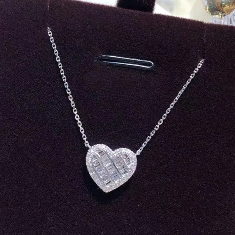 Fashion Women Pave Setting Zircon Vice Stone Lab Diamond Silver Plated Heart Necklace Bridal Wedding Romantic Jewelry Gift