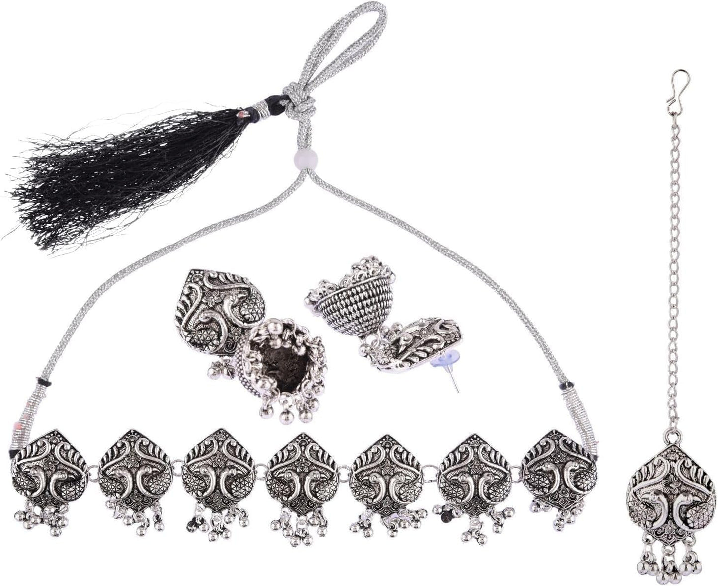 Boho Vintage Antique Ethnic Gypsy Tribal Indian Silver Oxidized Pendant Chain Statement Necklace Jewelry