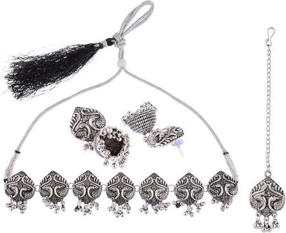 Boho Vintage Antique Ethnic Gypsy Tribal Indian Silver Oxidized Pendant Chain Statement Necklace Jewelry