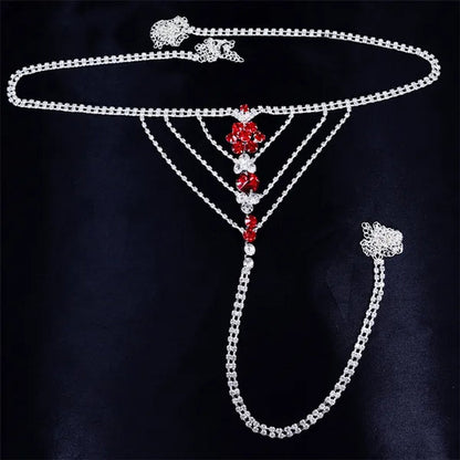Sexy Body Chain Lingerie Red Crystal Thong Panties Jewelry for Women Silver Color Rhinestone Belly Waist Chain Body Jewelry