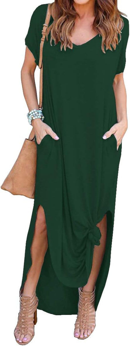 Women'S Casual Loose Pocket Long Dress Short Sleeve Split Maxi Dresses