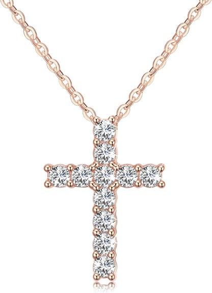 Cross Necklace for Girls Women 925 Sterling Silver 14K Gold Plated 5A Cubic Zirconia Womens Cross Jewelry Pendant, Birthday Valentine'S Day Baptism Christian Gifts for Her Wife (White/14K/Rose) - WORLD TIME VISITS