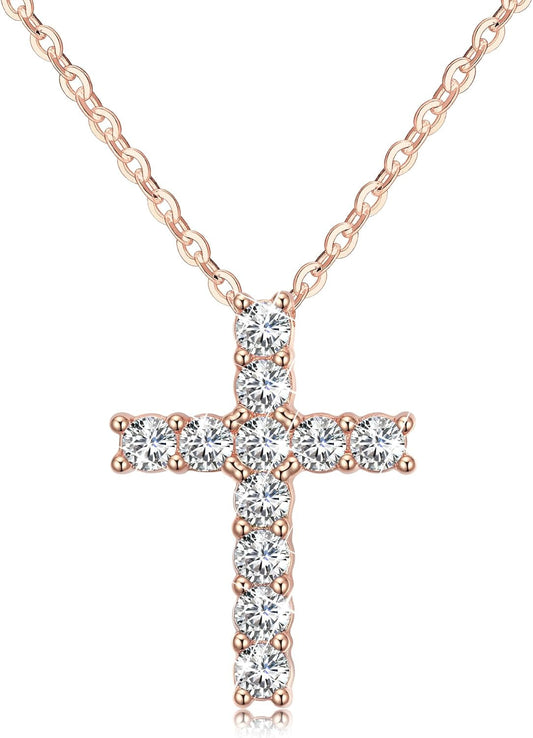 Cross Necklace for Girls Women 925 Sterling Silver 14K Gold Plated 5A Cubic Zirconia Womens Cross Jewelry Pendant, Birthday Valentine'S Day Baptism Christian Gifts for Her Wife (White/14K/Rose) - WORLD TIME VISITS