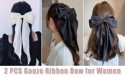 Hair Bows 2 PCS Ribbon Bow for Women and Girls, Oversized Long-Tail Cute Aesthetic, Large Hair Barrettes (Black White)