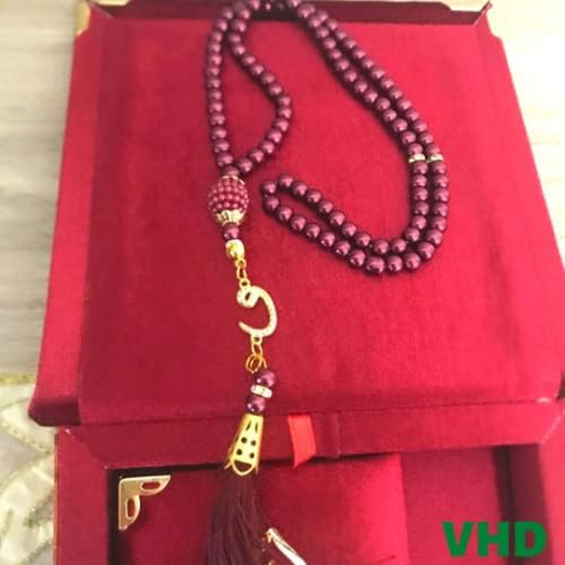 Velvet Covered Quran Tasbeeh Islamic Gift Set, Holy Quran Prayer Beads Wooden Gift Box, Islamic Birthday, Wedding, Graduation, Eid, Ramadan Gift Favor (Claret Red)