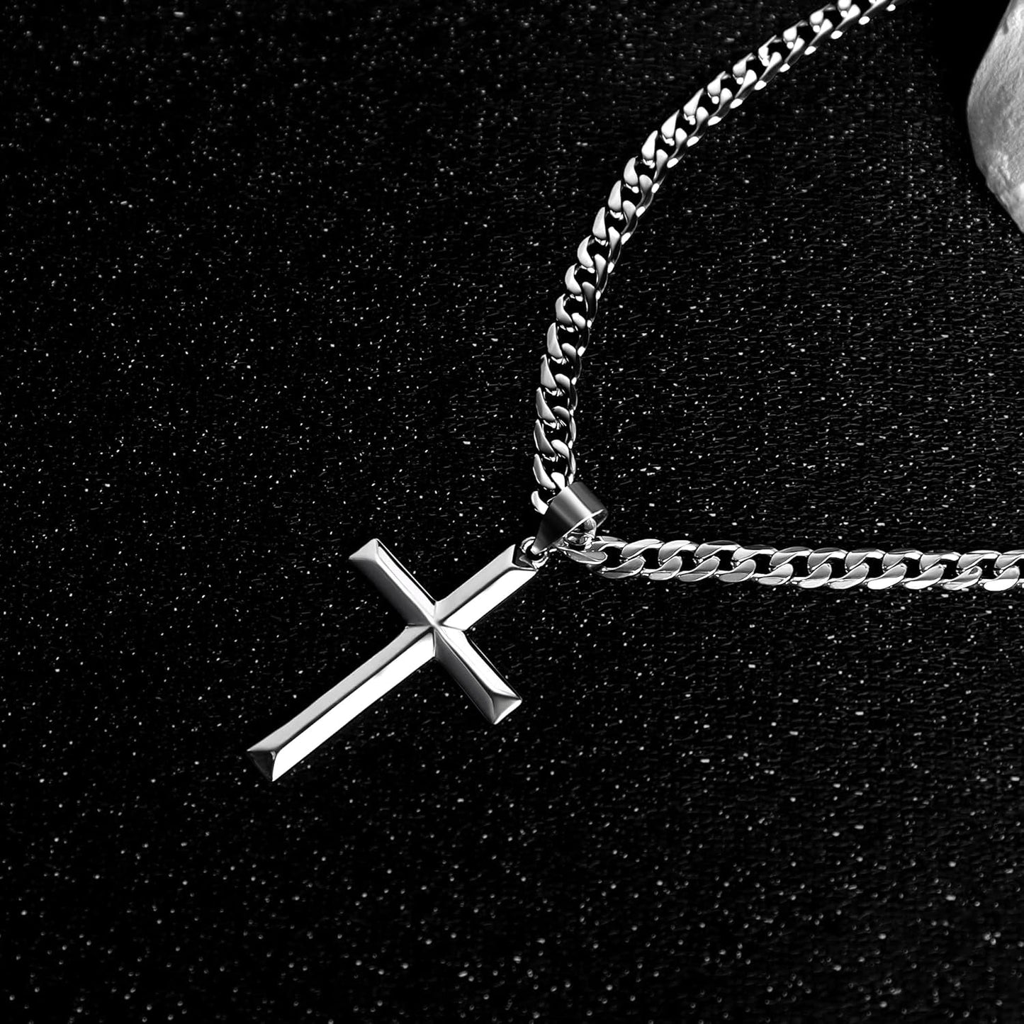 925 Sterling Silver Cross Necklace for Men Women with Stainless Steel Durable Cuban Link Chain Polished Beveled Edge Cross Chain Pendant Necklace Jewelry 16-28 Inches