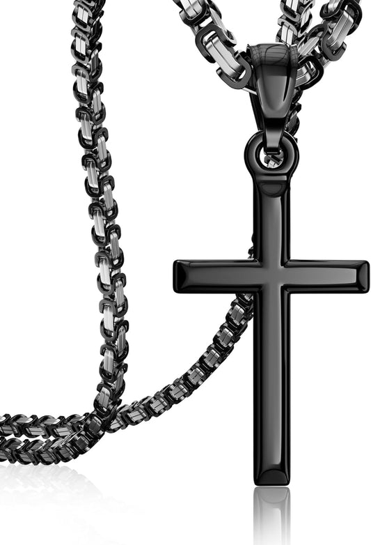 Exquisite Cross Necklace for Men and Women, Silver/Gold/Black Cross Chain with Top-Grade 316L Stainless Steel Cross Pendant, 18-24 Inch Box/Byzantine Chains - WORLD TIME VISITS