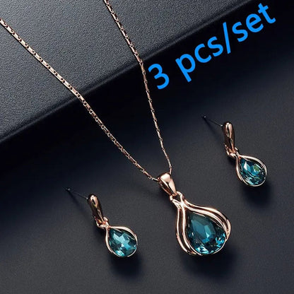 3 Pcs/set Elegant Luxury Design Wedding Earrings Rose Gold Necklace Earrings Crystal Pendant Set Jewelry Set