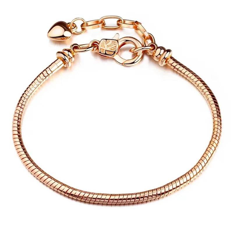 NEW Fashion 925 Sterling Silver White Flashing Double sided Heart Snake Chain Bracelet For European Bangle Bracelet Jewelery Making DIY