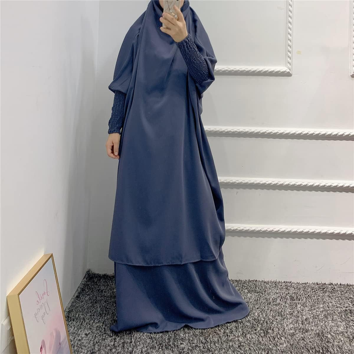 Women Muslim 2 Set Solid Color plus Long Sleeve Thobe One-Size Longuette Overall Abaya Thobe with Hoodied Hijab - WORLD TIME VISITS