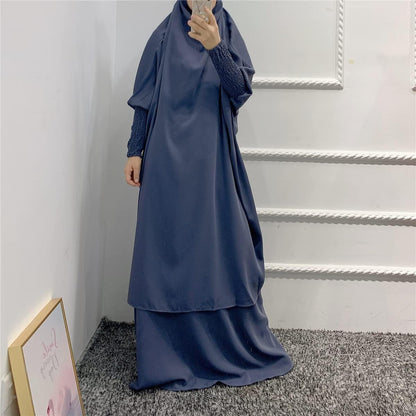 Women Muslim 2 Set Solid Color plus Long Sleeve Thobe One-Size Longuette Overall Abaya Thobe with Hoodied Hijab - WORLD TIME VISITS