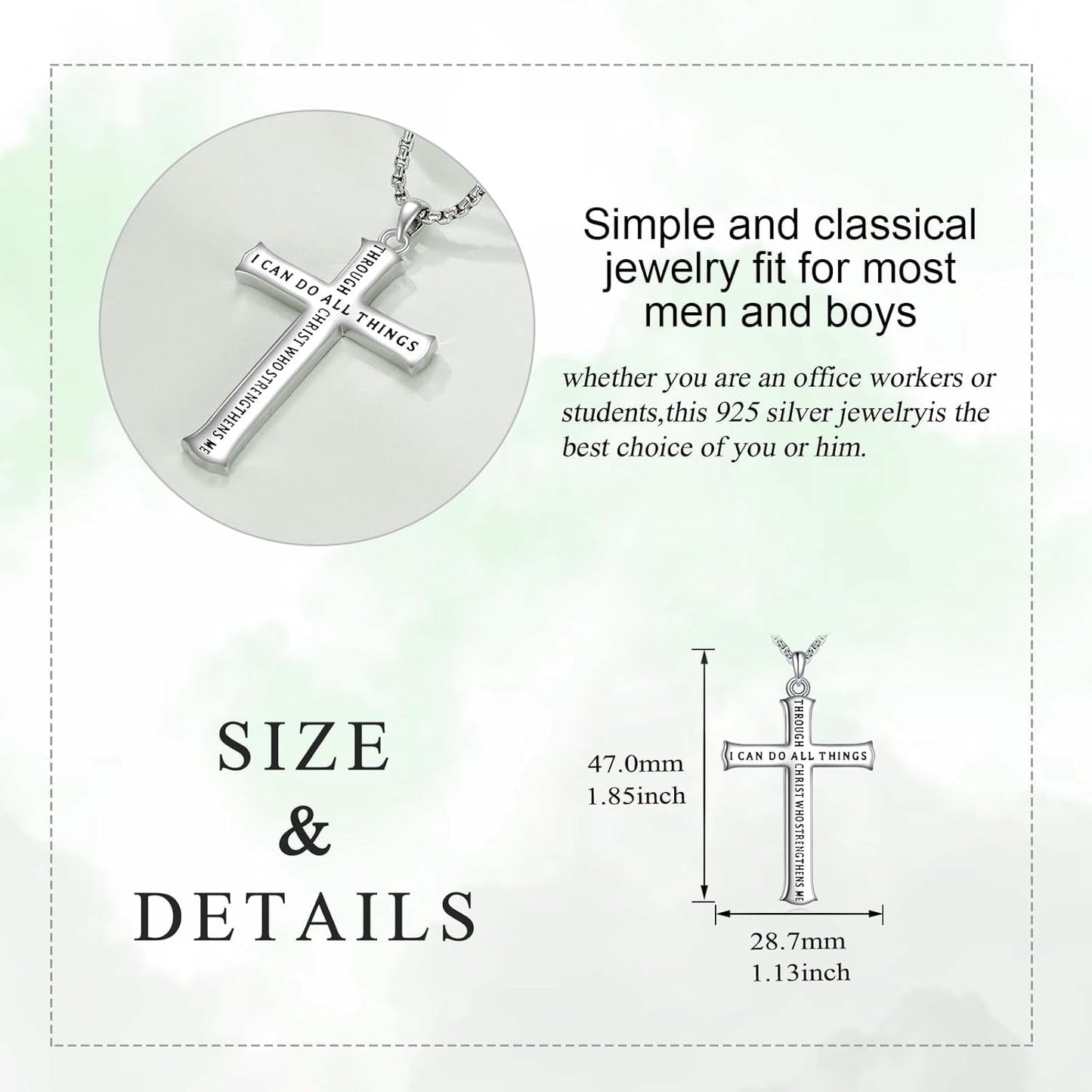 Men'S Cross Necklace Sterling Silver Catholic Faith Cross Pendant Necklace Christian Jewelry Gifts for Men
