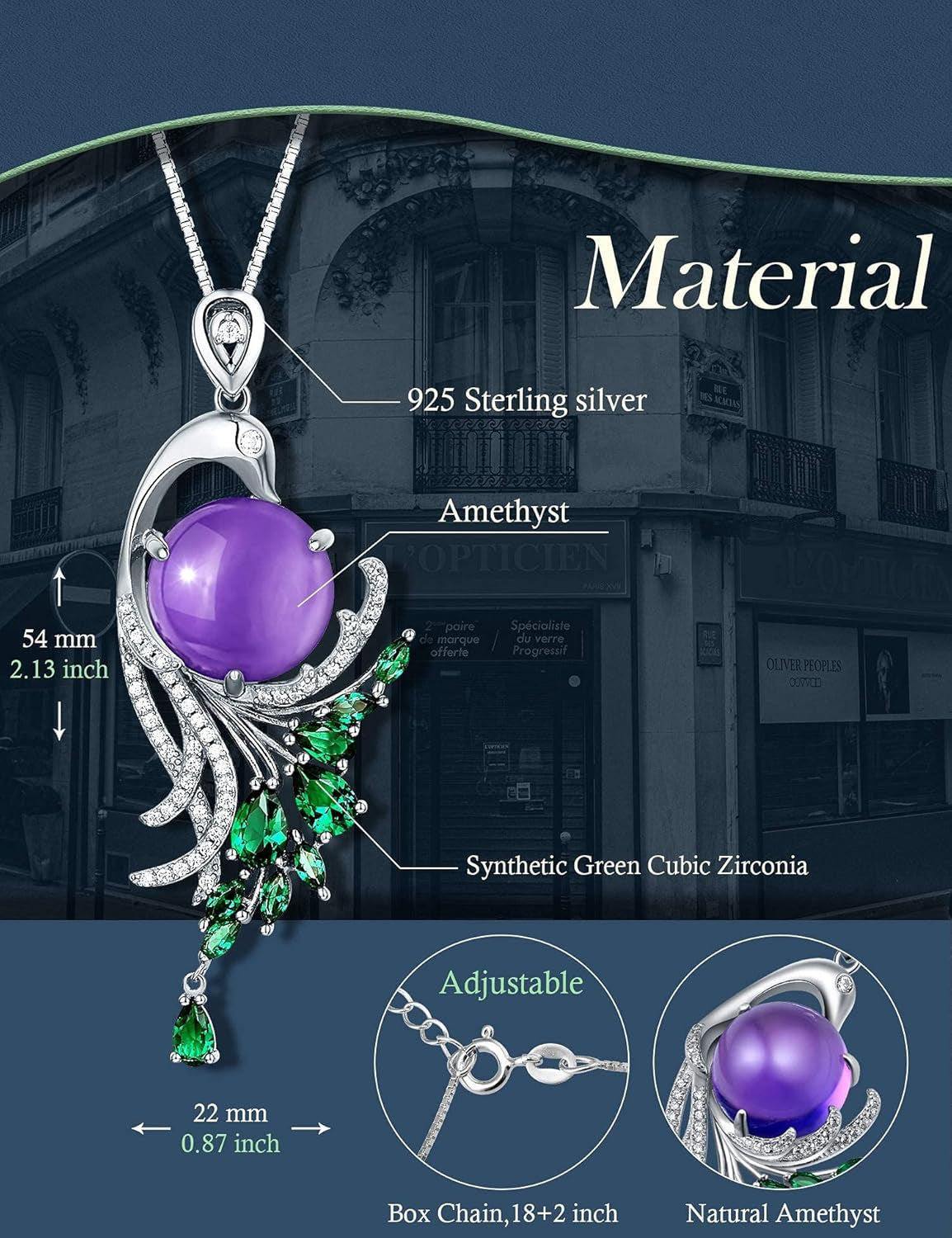 Fine Jewelry Sterling Silver Amethyst or Rose Quartz Natural Gemstone Pendant Necklace Gifts for Women