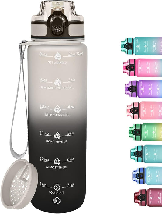 32Oz Motivational Water Bottles with Time Marker and Fruit Strainer, Sports Water Bottle with Times to Drink, Leakproof, Reusable Plastic Bottle with Strap No Straw for Gym, School - WORLD TIME VISITS