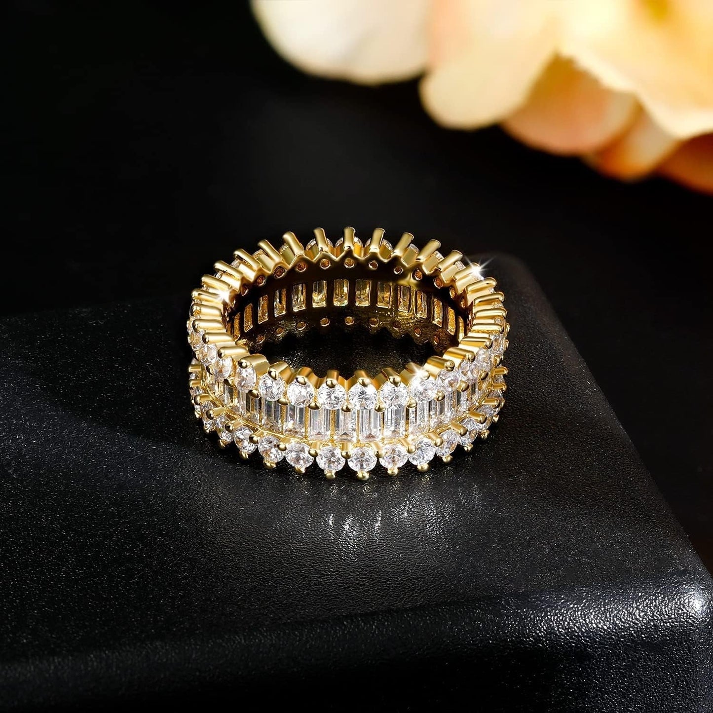 Eternity Rings 18K White Gold Plated Emerald Cut Cubic Zirconia Ring Halo Wedding Band for Women Men