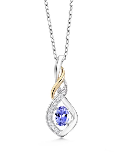 2 Tone 10K Yellow Gold and 925 Sterling Silver Blue Tanzanite and White Lab Grown Diamond Pendant Necklace for Women (0.53 Cttw, Gemstone Birthstone, with 18 Inch Silver Chain)